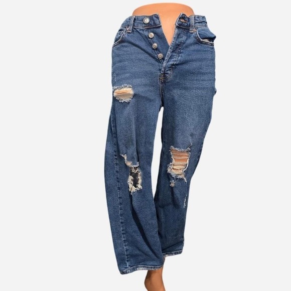 Distressed high-waisted straight-leg denim jeans - Picture 1 of 3